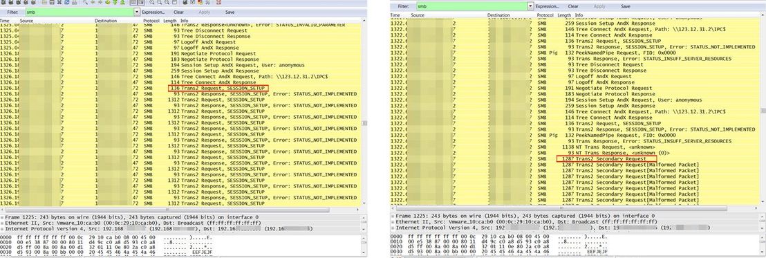 Petya checking for EternalBlue (left, highlighted), and Petya successfully exploiting the vulnerability (left)
