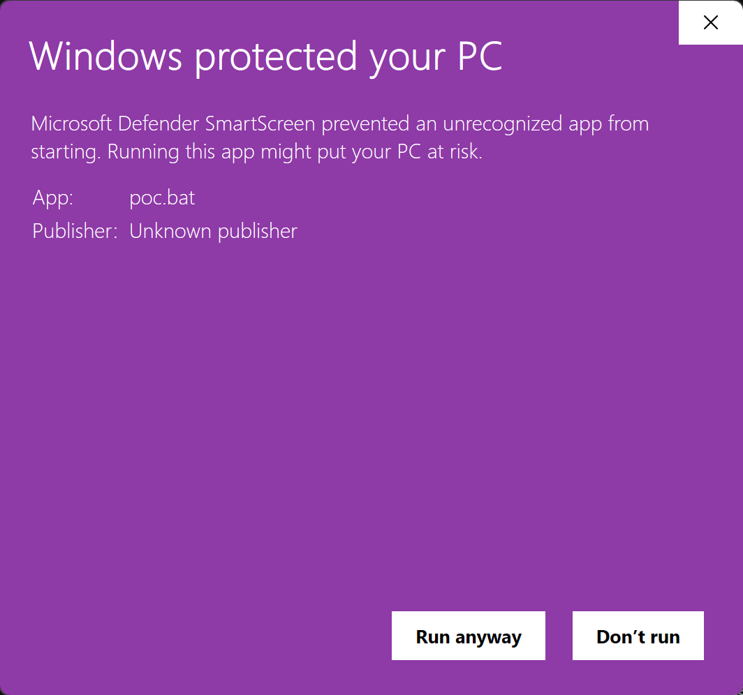 Figure 3. Windows Defender SmartScreen Security warning prompted by MoTW