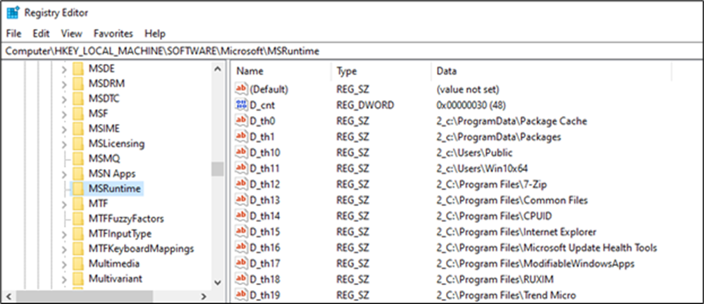 Figure 17. Directories identified during encryption are stored in the MSRuntime registry key and tracked using the D_cnt value.