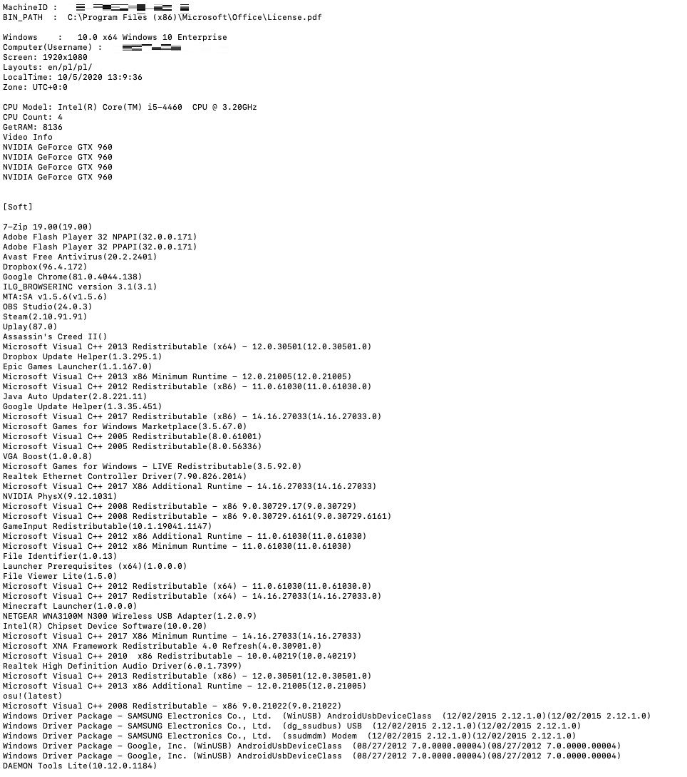 Example of a log with software and hardware environment information collected from a victim machine