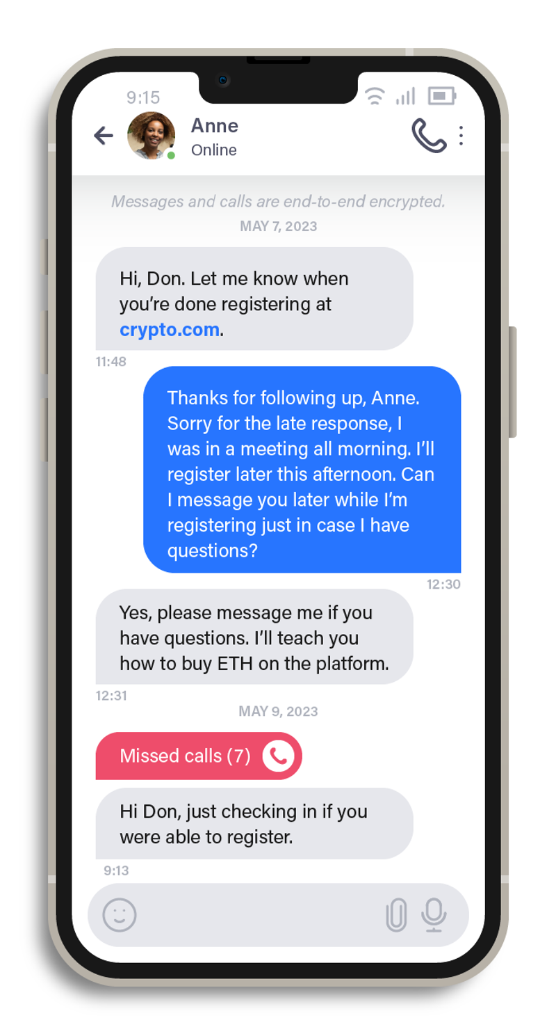 Figure 8. A conversation with a fake secretary guiding a victim on how to purchase cryptocurrencies