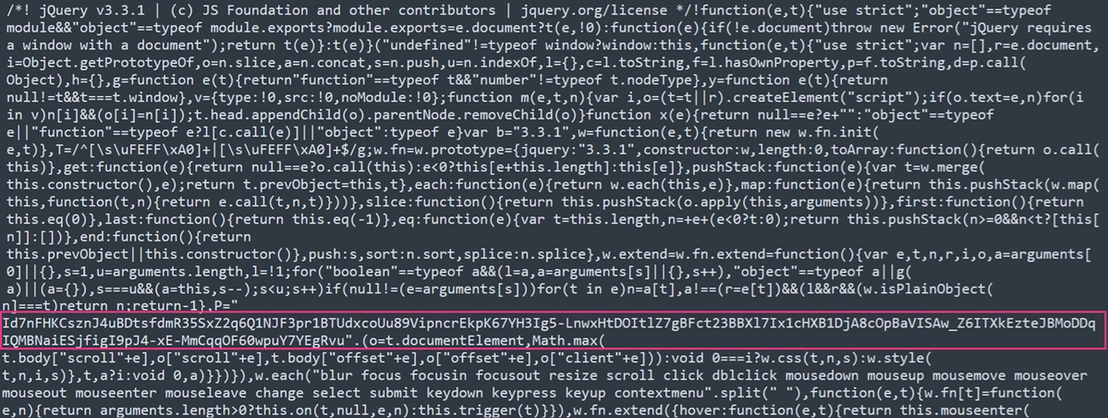 Figure 3. The encoded data is concealed within a jQuery script, designed to blend seamlessly with ordinary web traffic.