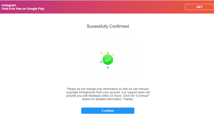 Figure 5. A phishing page showing a confirmation message after the target account owner enters the requested credentials
