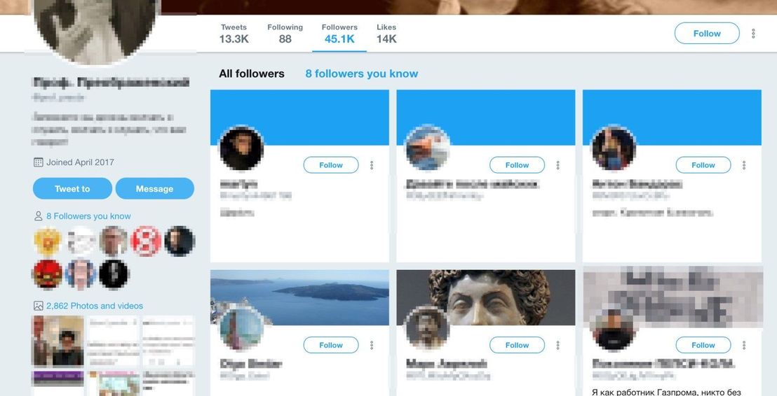Figure 10. A Twitter account's interactions with its followers, indicators of automation such as names that appear machine-generated, which strongly suggest that an automated social media network is being used