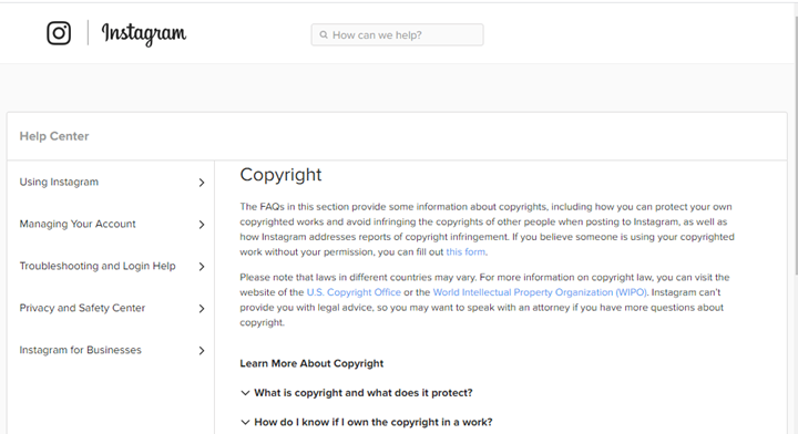 Figure 6. The section on copyright on the actual Instagram support site, to which the phishing site’s confirmation page leads
