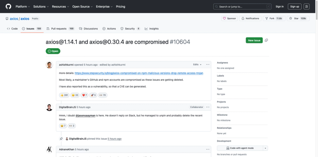Figure 1. GitHub issue #10604 — the Axios collaborator confirming the compromised maintainer has admin permissions.