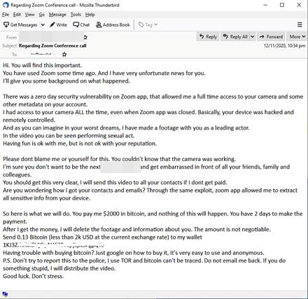 Email threatening the victim with release of compromised video footage