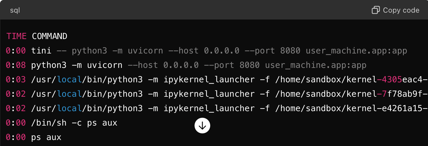 Process list of where uvicorn hosts FastAPI in the sandbox