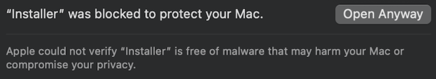 Gatekeeper blocking the .dmg file as an unverified installer