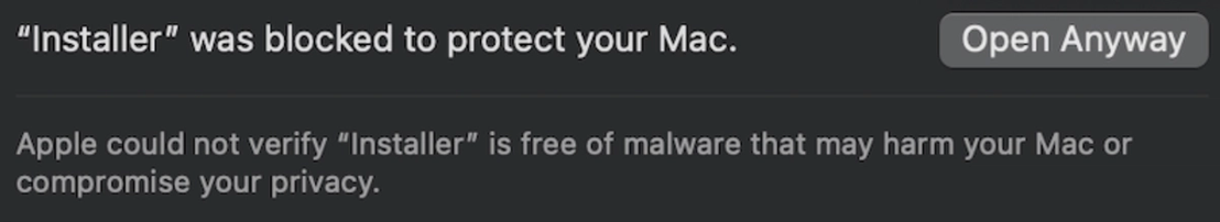 Gatekeeper blocking the .dmg file as an unverified installer