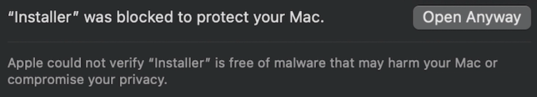 Gatekeeper blocking the .dmg file as an unverified installer