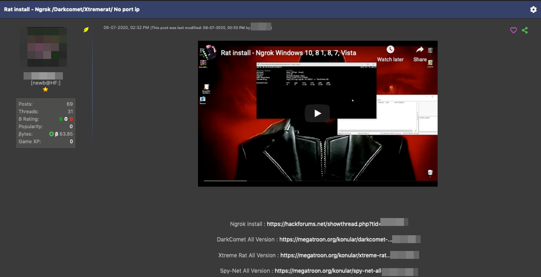 Figure 19. A screenshot from a thread on Hack Forums on how to install the DarkComet RAT using ngrok