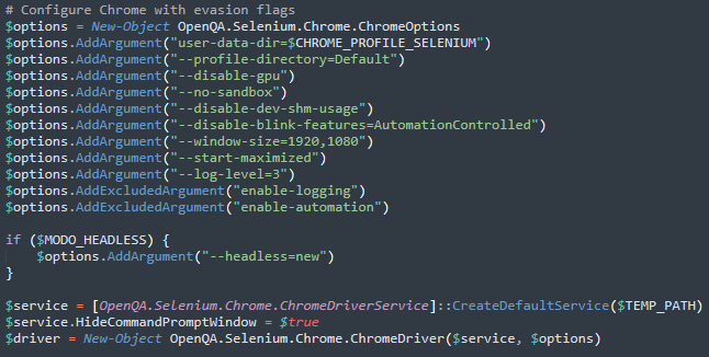 Figure 12. Configuring Chrome with specific automation flags for defense evasion