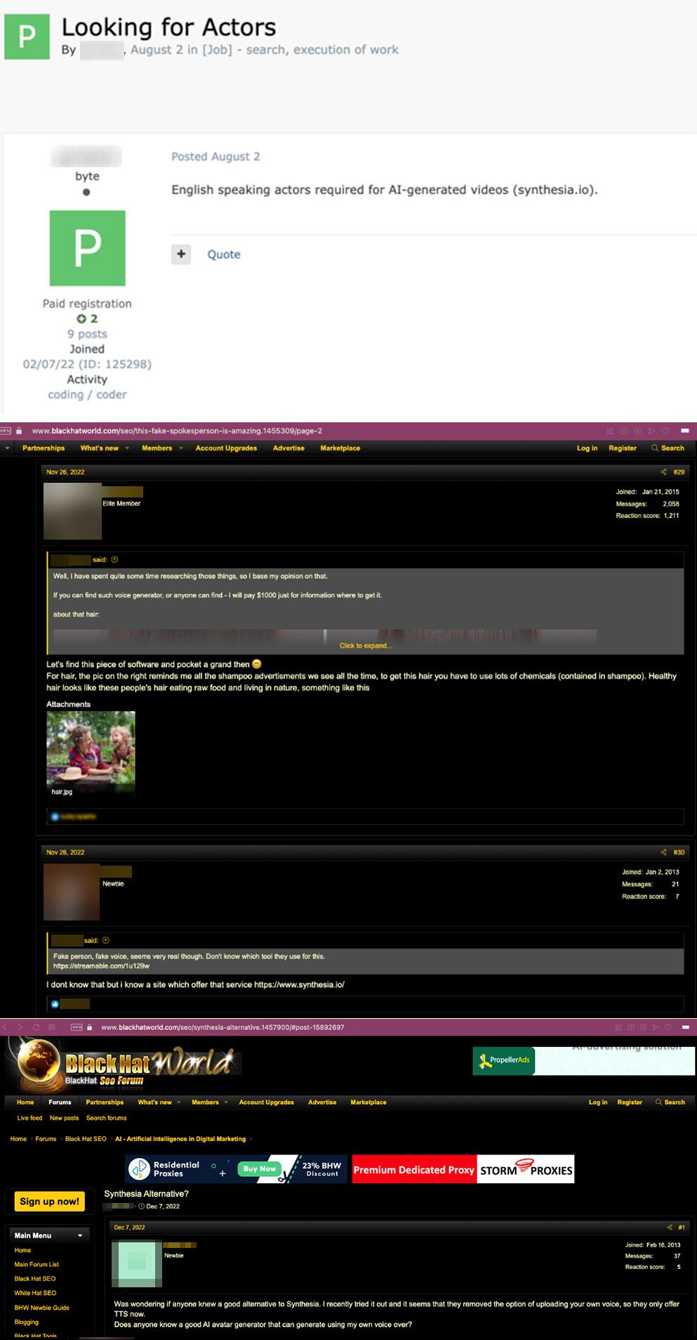 Figure 20. Russian-based forum posts looking for voice actors and platforms to use for deepfake videos