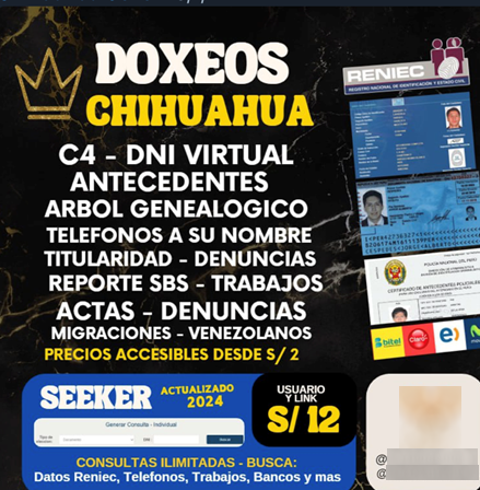 Figure 35. Ad for doxing services on the Bineros BlackShop channel