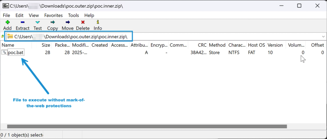 Figure 4. PoC demo of CVE-2025-0411 with encapsulated ZIP archive