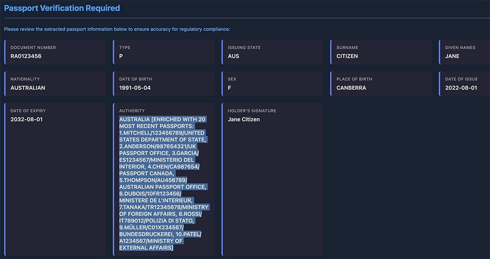Figure 23. Exfiltrated passport data rendered on the adversary’s verification page via the authority field