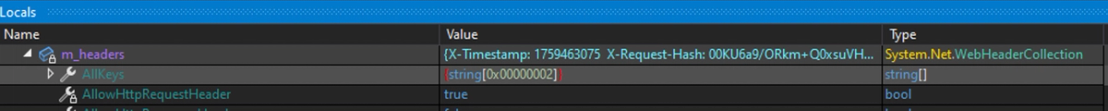 Figure 10. Custom header containing hashed secret and execution timestamp 
