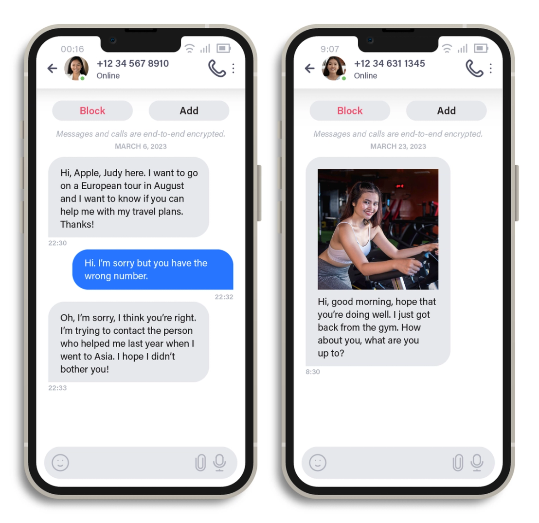 Figure 1. Initial conversations wherein a scammer used a seemingly innocuous introduction for one victim and a stolen photo for another