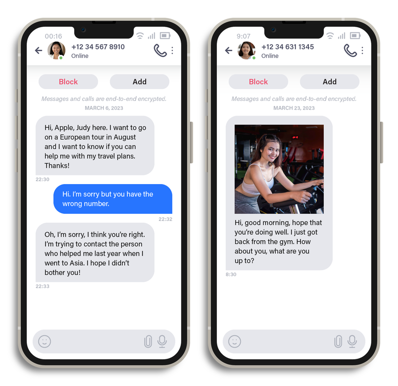 Figure 1. Initial conversations wherein a scammer used a seemingly innocuous introduction for one victim and a stolen photo for another