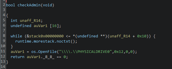 Anubis code that checks for administrative privileges before executing elevated actions