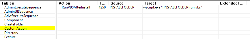 Figure 7. The MSI installer initially executes the VB script using CustomAction