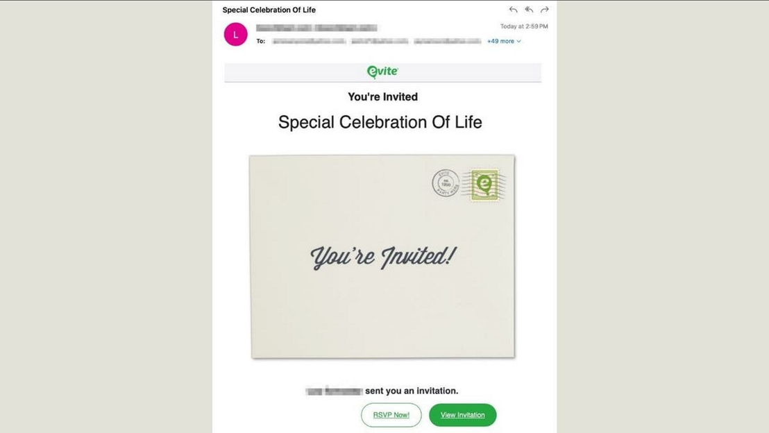 Figure 5. Phishing email masquerading as Evite-style notification.