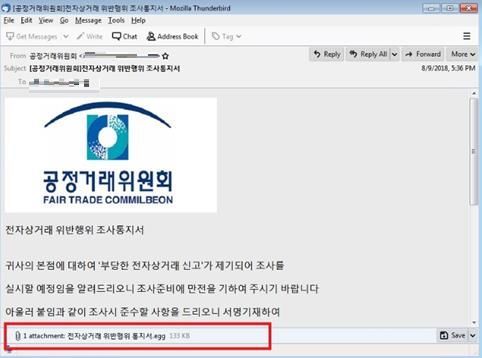 Figure 1. Spam mail sample from the campaign. The subject reads “[Fair Trade Commission] Notice of Investigation of Violation of E-Commerce Transaction” in English.