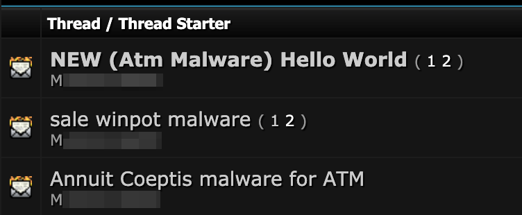 Screenshot of three underground forum threads offering ATM malware from the same seller