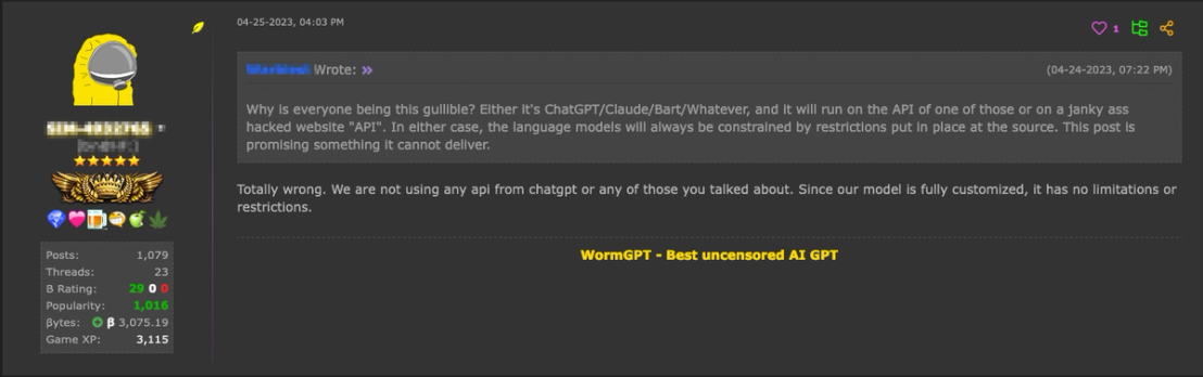 Figures 9 and 10. WormGPT author explaining on HackForums that the chatbot doesn’t rely on ChatGPT jailbreak prompts and uses a new API