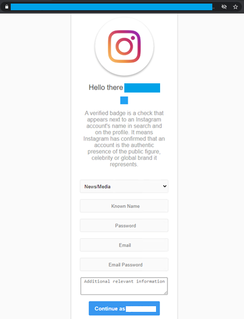 Figure 4. Phishing link requesting for Instagram account and email credentials