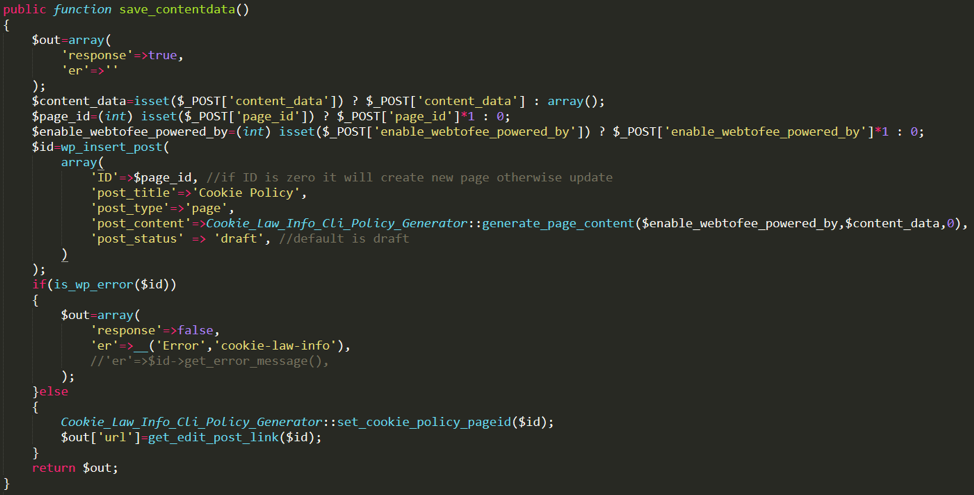 The save_contentdata function, which can be used to modify page structure and potentially cause DoS
