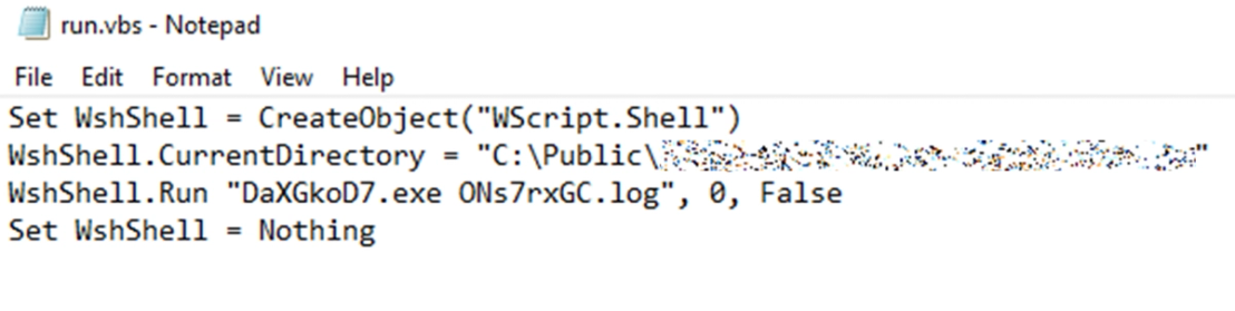 Figure 8. The VB script initiates the AutoIt interpreter (DaXGkoD7.exe), which then runs the compiled AutoIt payload (ONs7rxGC.log)