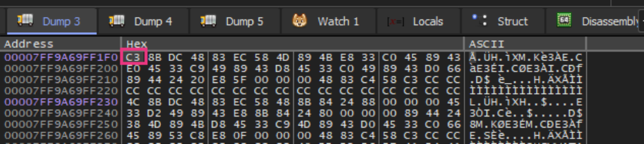 Figure 10. After patching EtwEventWrite, the malware shows a C3 byte forcing it to immediately return.