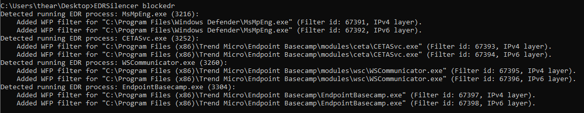 Figure 3. Log shows a list of processes that have been found running related to EDR or antivirus products