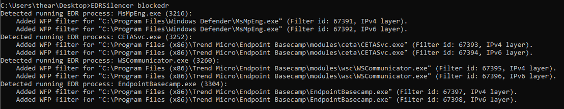 Figure 3. Log shows a list of processes that have been found running related to EDR or antivirus products
