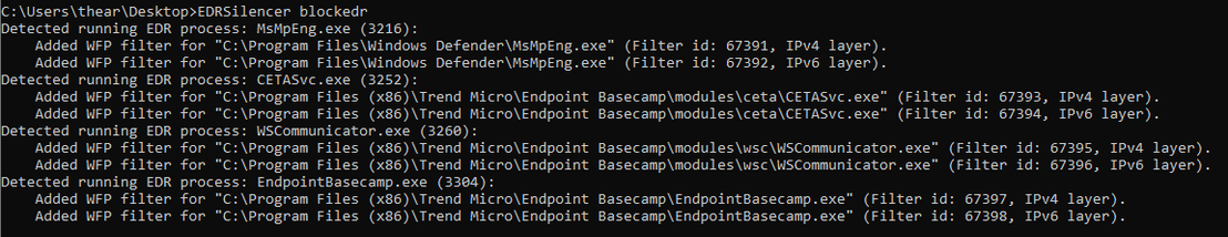 Figure 3. Log shows a list of processes that have been found running related to EDR or antivirus products