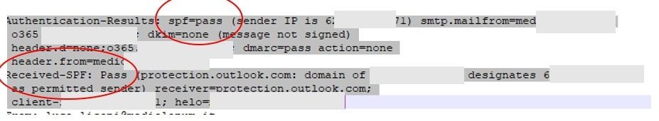 Email header analysis indicating SPF and DMARC verifications