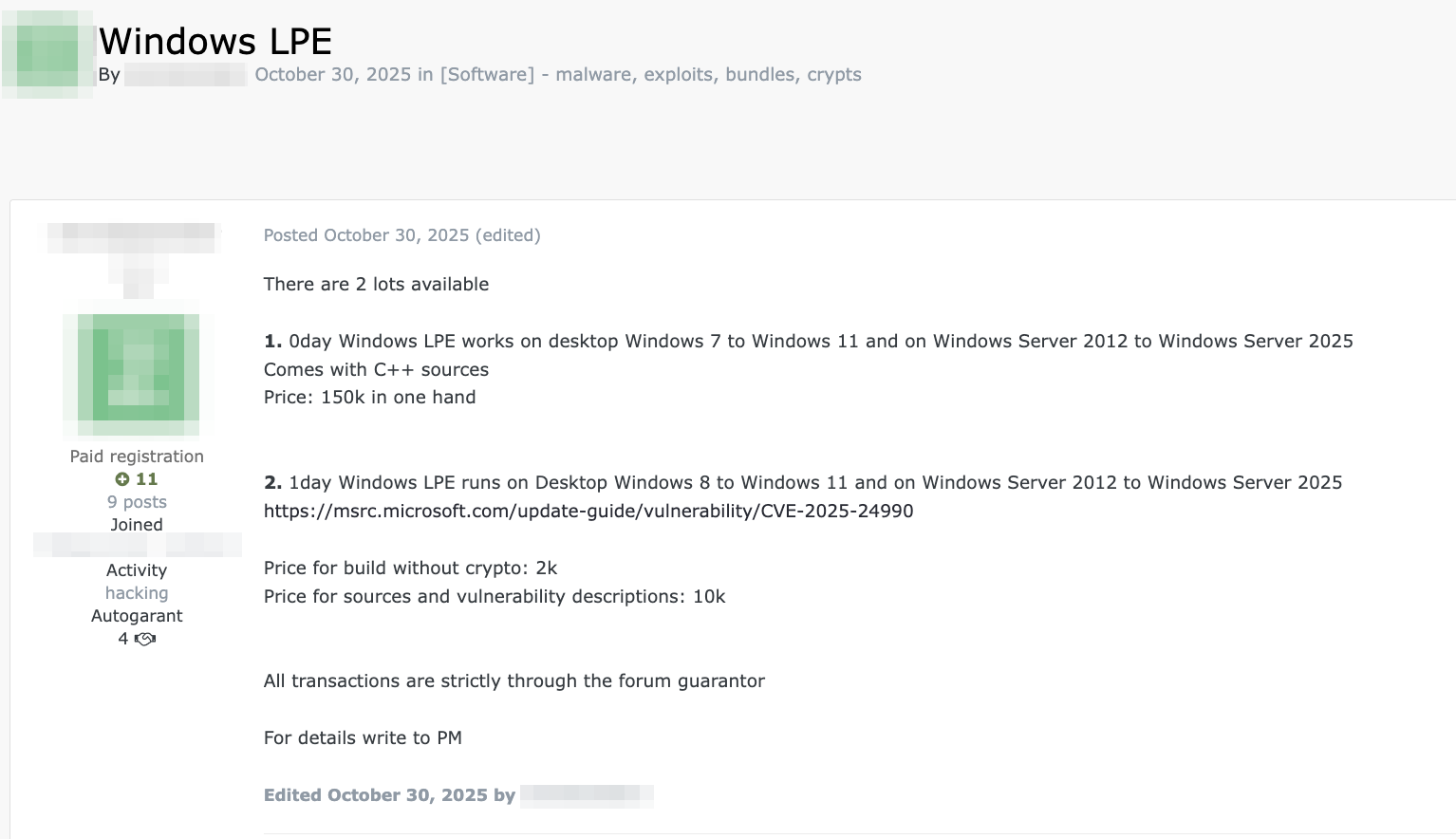 Figure 4. Forum post selling an exploit for a Microsoft Windows vulnerability (CVE-2025-24990) for US$10,000, along with a zero-day Windows vulnerability for US$150,000