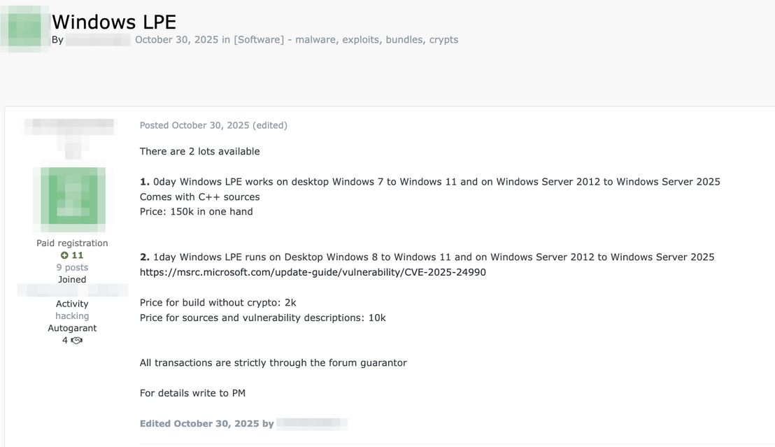 Figure 4. Forum post selling an exploit for a Microsoft Windows vulnerability (CVE-2025-24990) for US$10,000, along with a zero-day Windows vulnerability for US$150,000