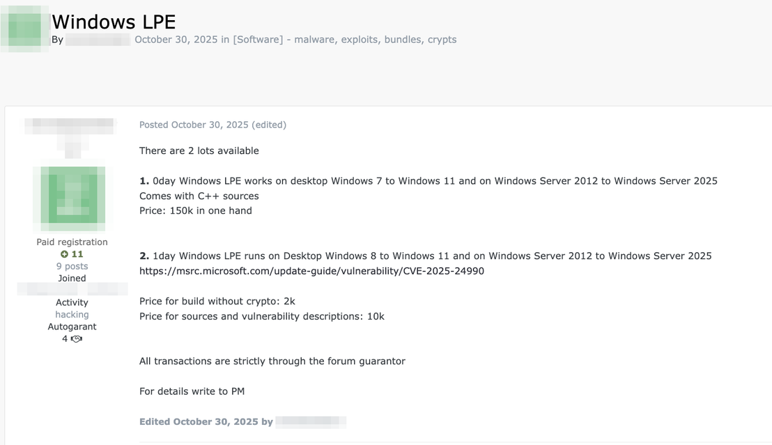Figure 4. Forum post selling an exploit for a Microsoft Windows vulnerability (CVE-2025-24990) for US$10,000, along with a zero-day Windows vulnerability for US$150,000