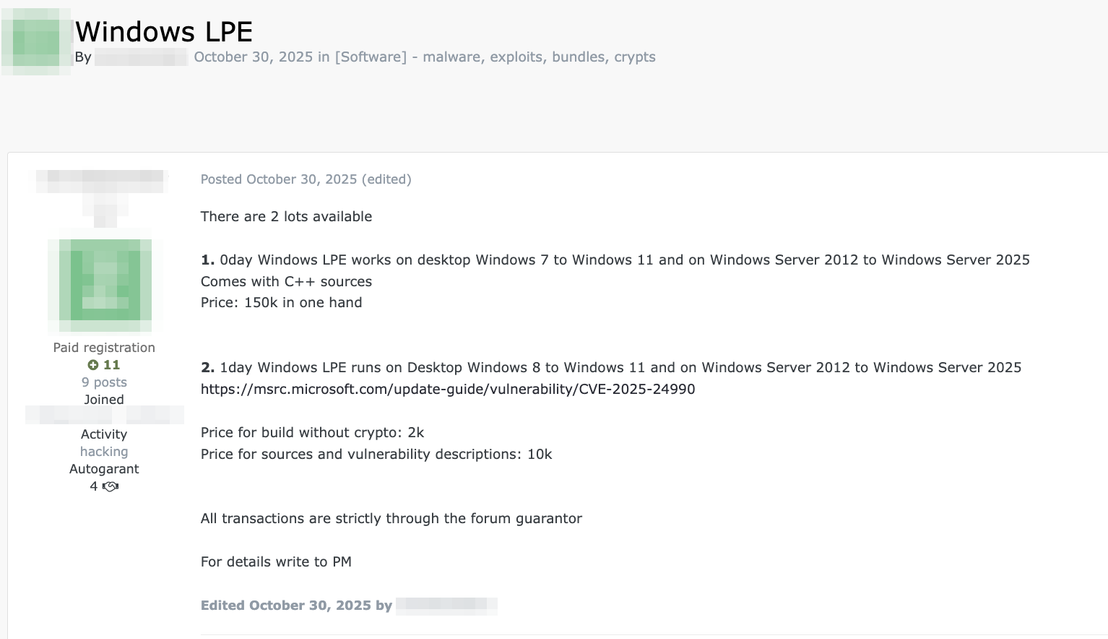 Figure 4. Forum post selling an exploit for a Microsoft Windows vulnerability (CVE-2025-24990) for US$10,000, along with a zero-day Windows vulnerability for US$150,000