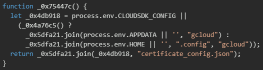 Figure 37. Platform‑aware discovery of the GCP SDK config directory and extraction of cached gcloud authentication tokens 