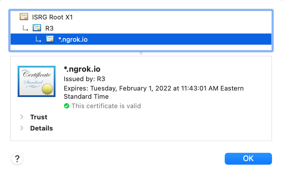Figure 10. A screenshot of the certificate information used by ngrok.io for HTTPS